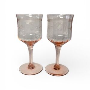 Set of 7 Morgantown Pink Depression Glass Wine Goblets Grape Vine Etched